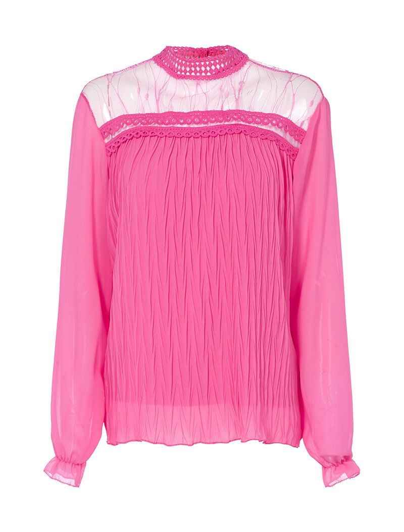 Blouse à col montant et décolleté transparent - fushia - 1