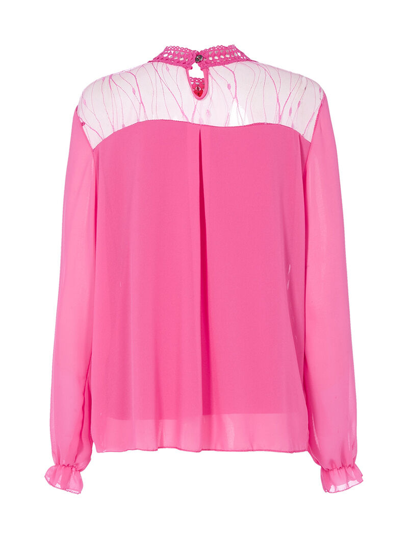 Blouse à col montant et décolleté transparent - fushia - 2
