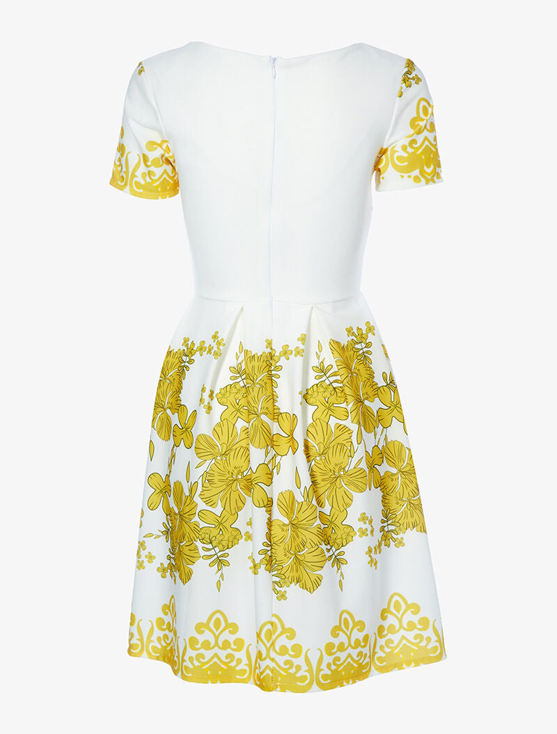 Robe patineuse à fronces et imprimé floral - écru/moutarde - 2