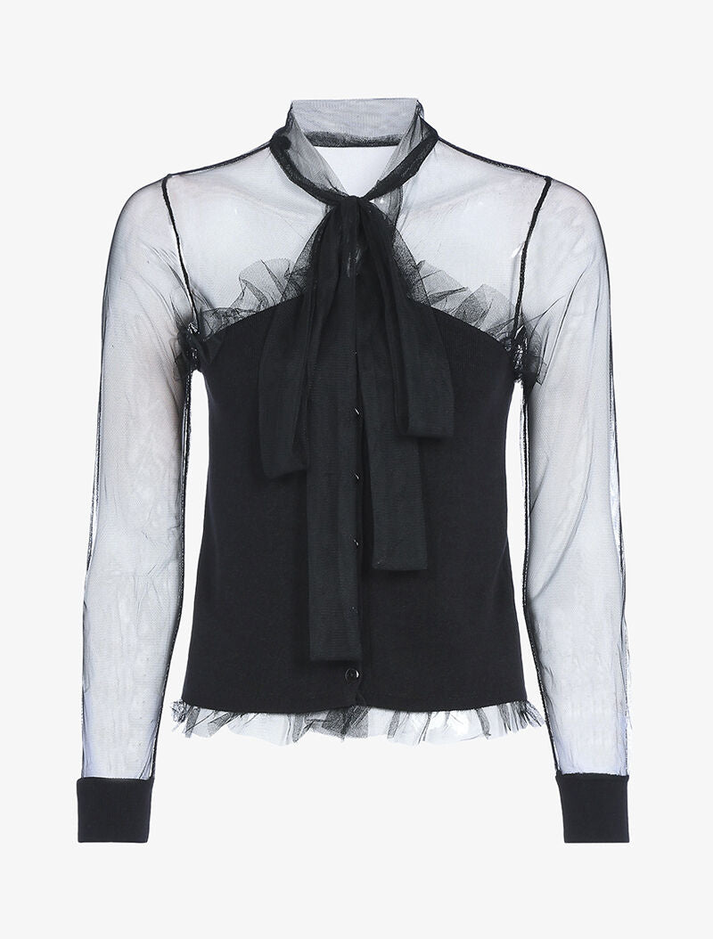 Pull bi matière à boutonnière - noir - 1