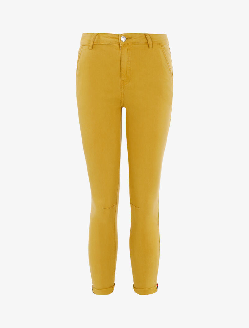 Jean 7/8 skinny taille haute à chevilles à liserés - moutarde