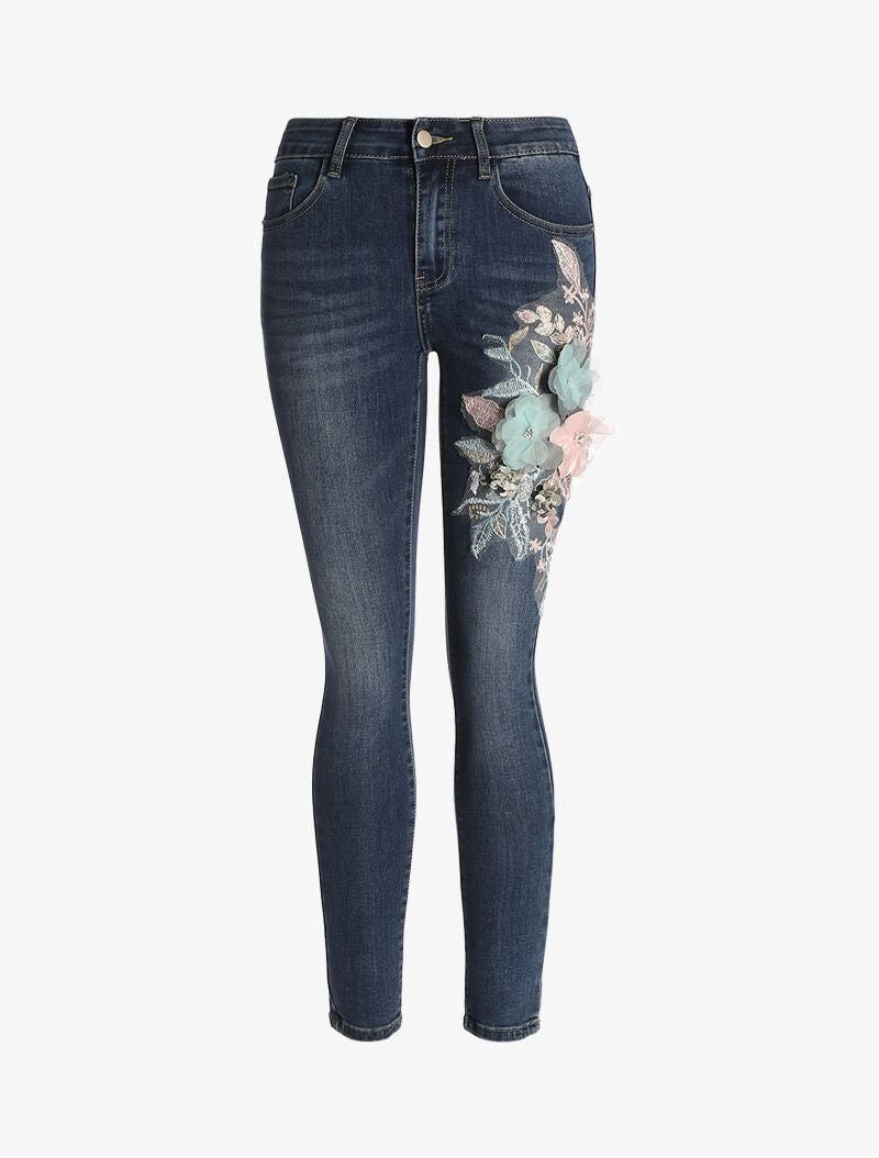 Jean 7/8 à empiècements fleuris - denim brut