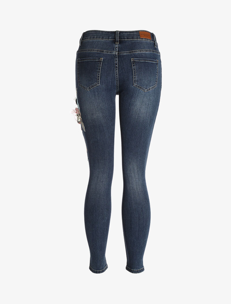 Jean 7/8 à empiècements fleuris - denim brut