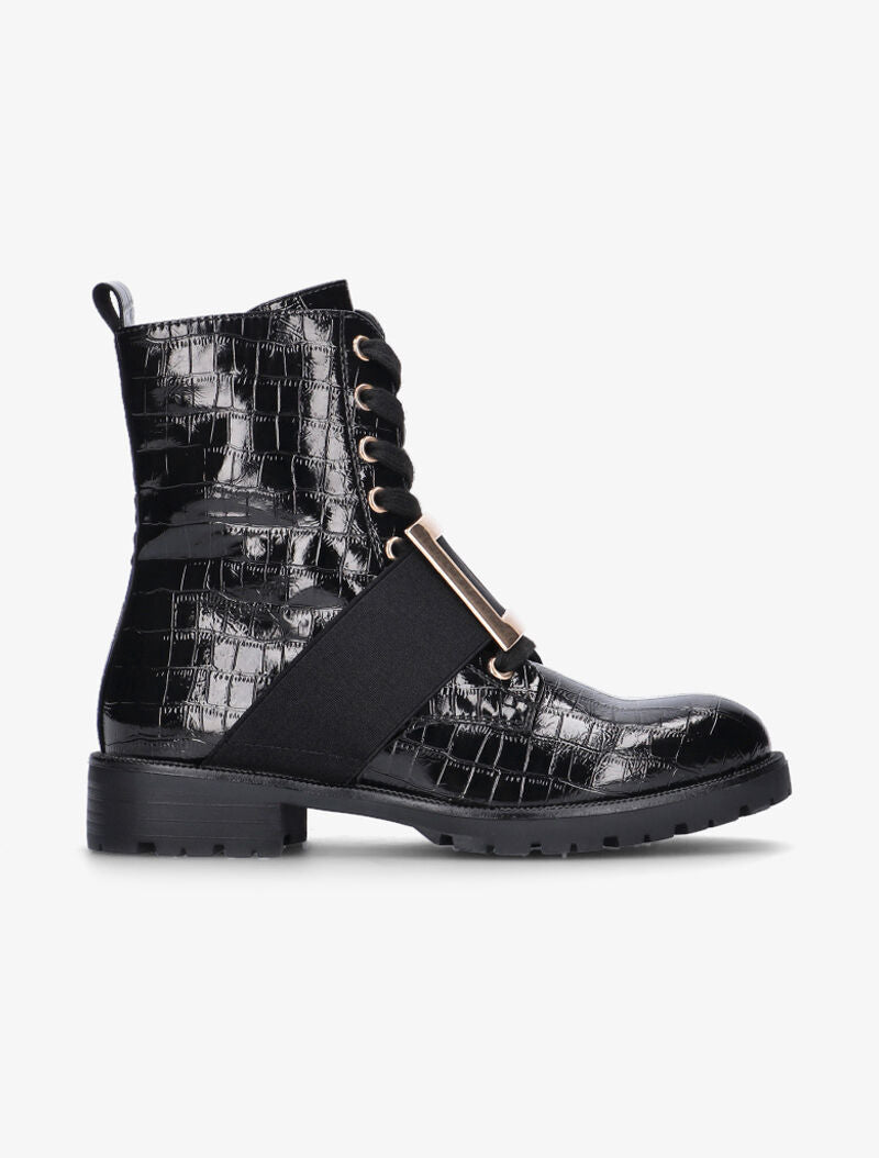 Boots croco à boucle carrée dorée - noir - 2