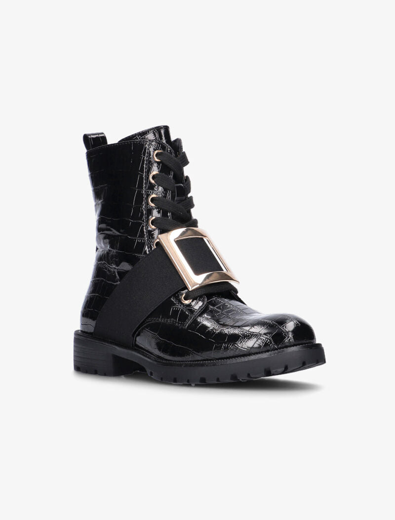 Boots croco à boucle carrée dorée - noir - 3
