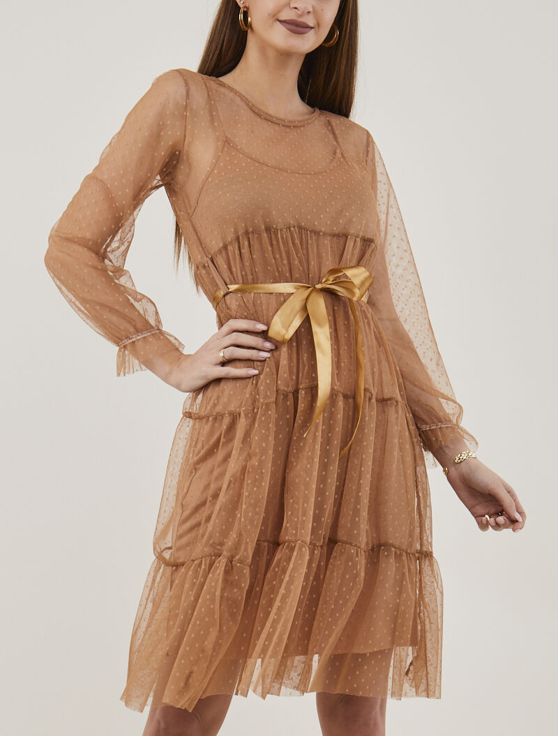 Robe en résille et pois - camel - 1