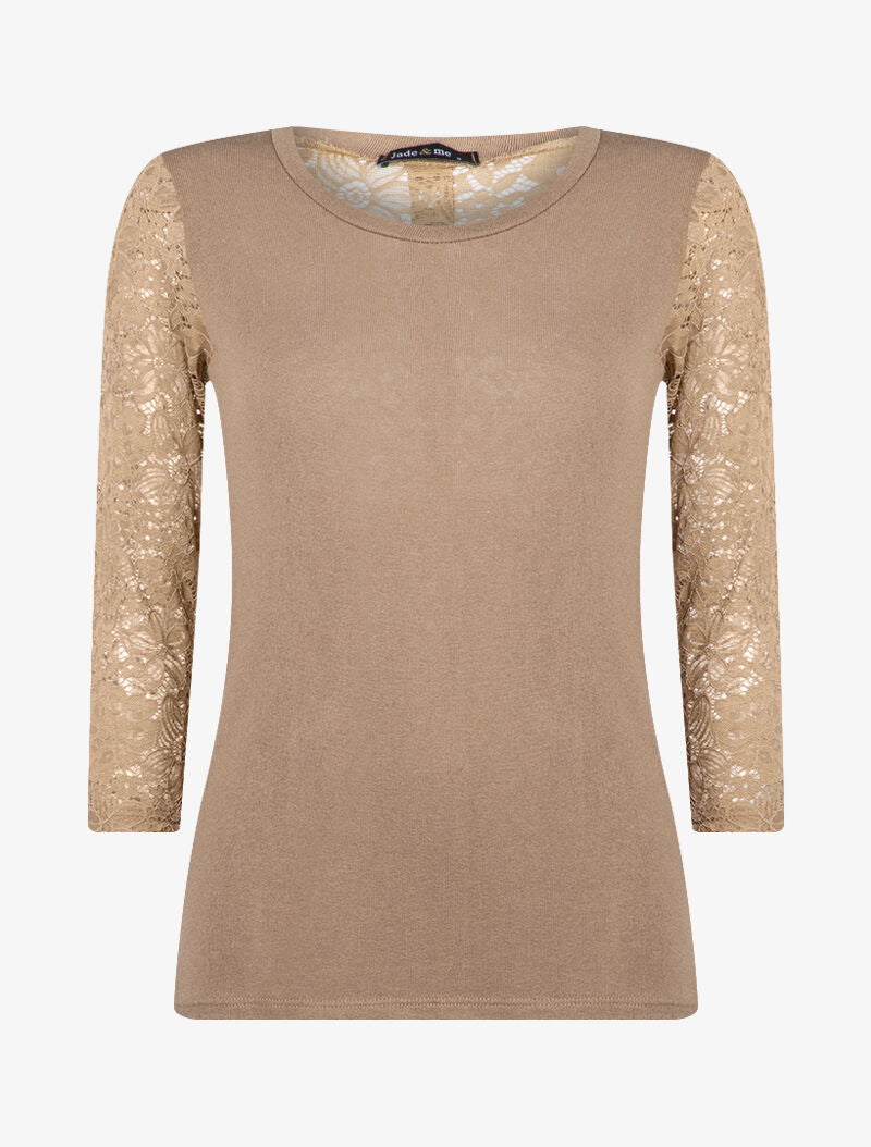 Top en maille à détails dentelle - camel - 3