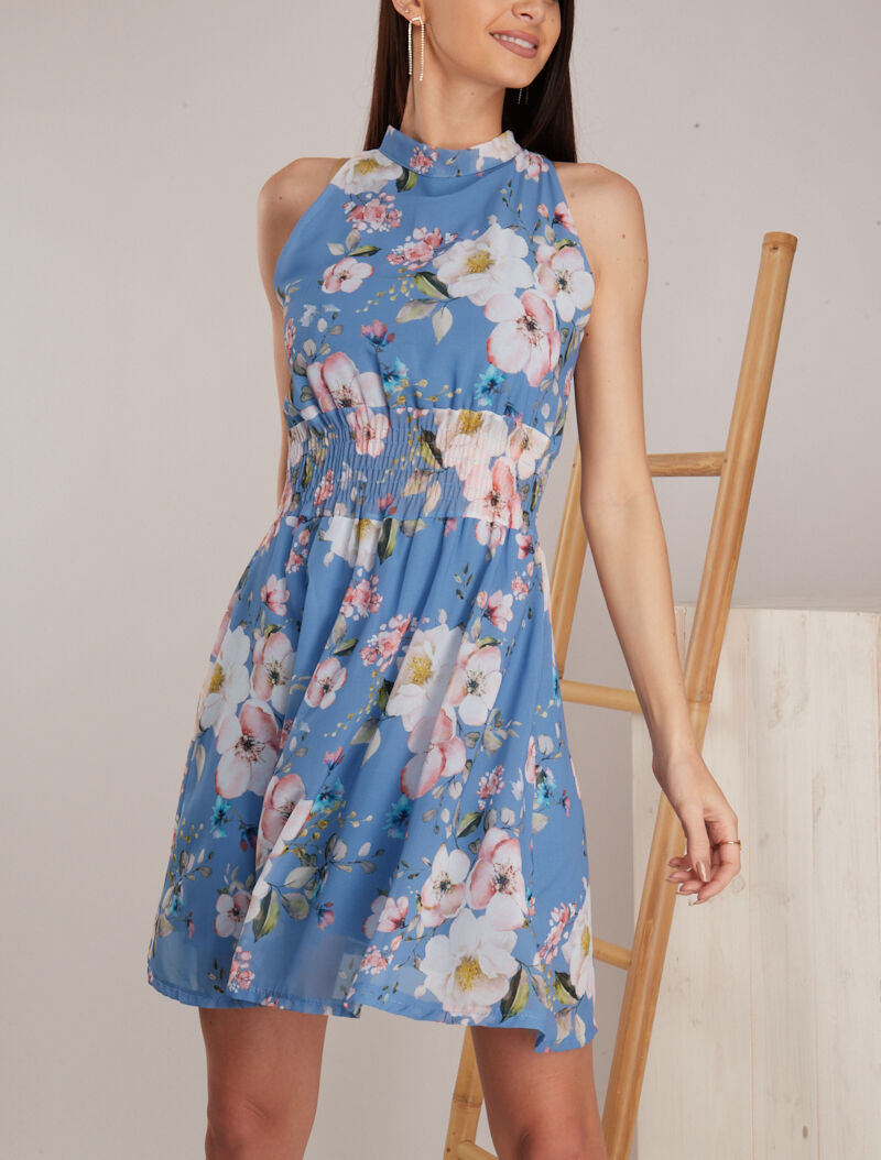 Robe imprimée à encolure ras de cou - bleu charrette - 3