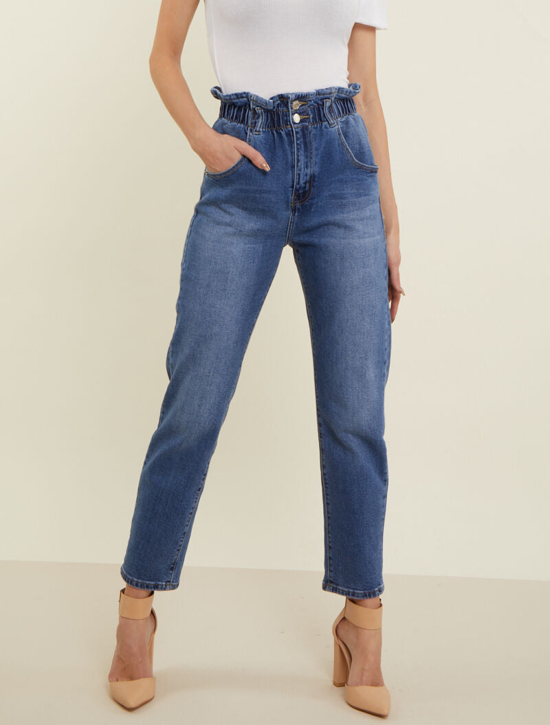 Jean boyfriend à taille volantée - bleu denim - 1