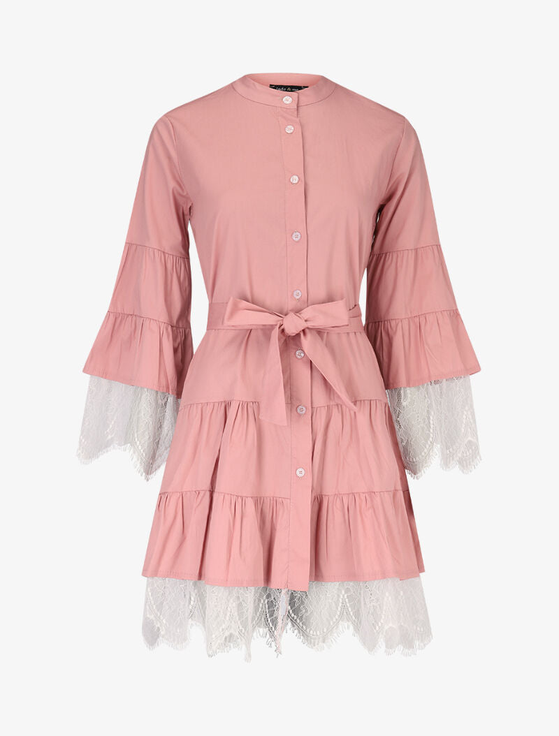 Robe trapèze à volants et dentelle - rose - 1