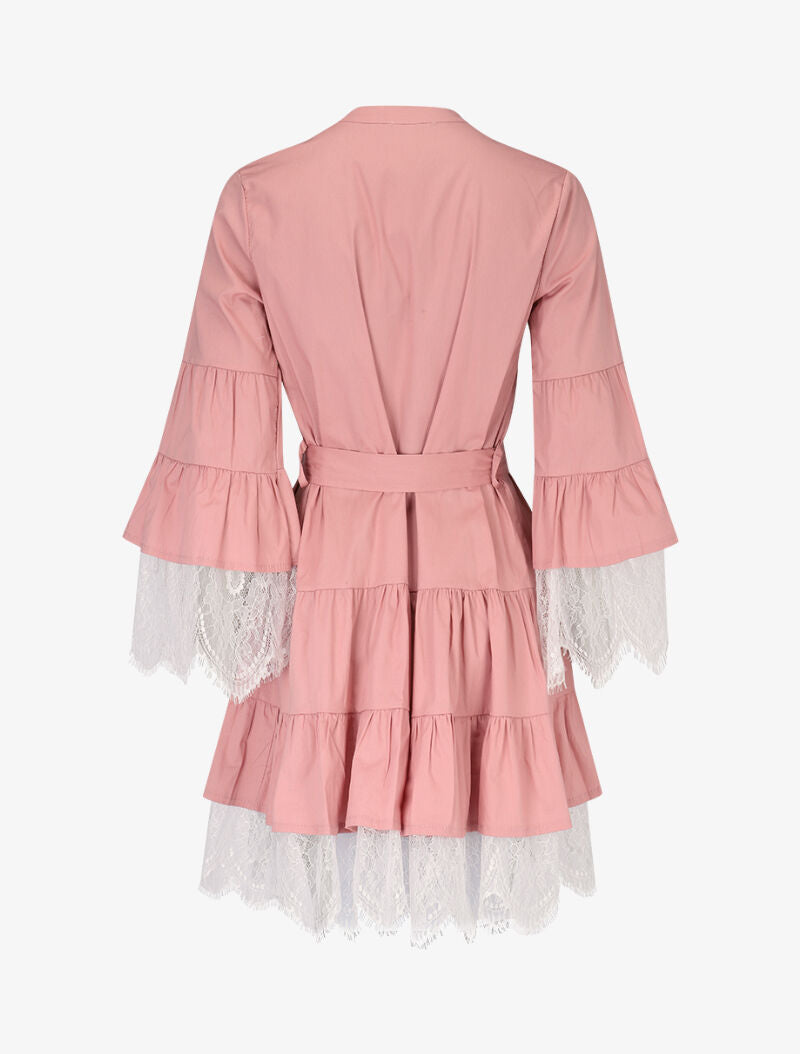 Robe trapèze à volants et dentelle - rose - 2