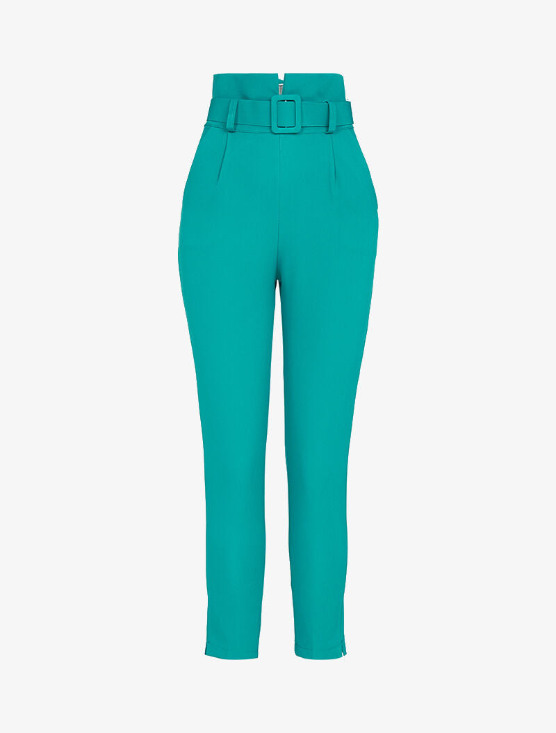 Pantalon 7/8 à taille empire ceinturée - turquoise