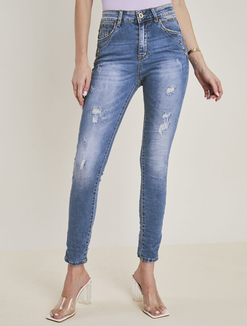 Jean à déchirures et strass - bleu denim - 1