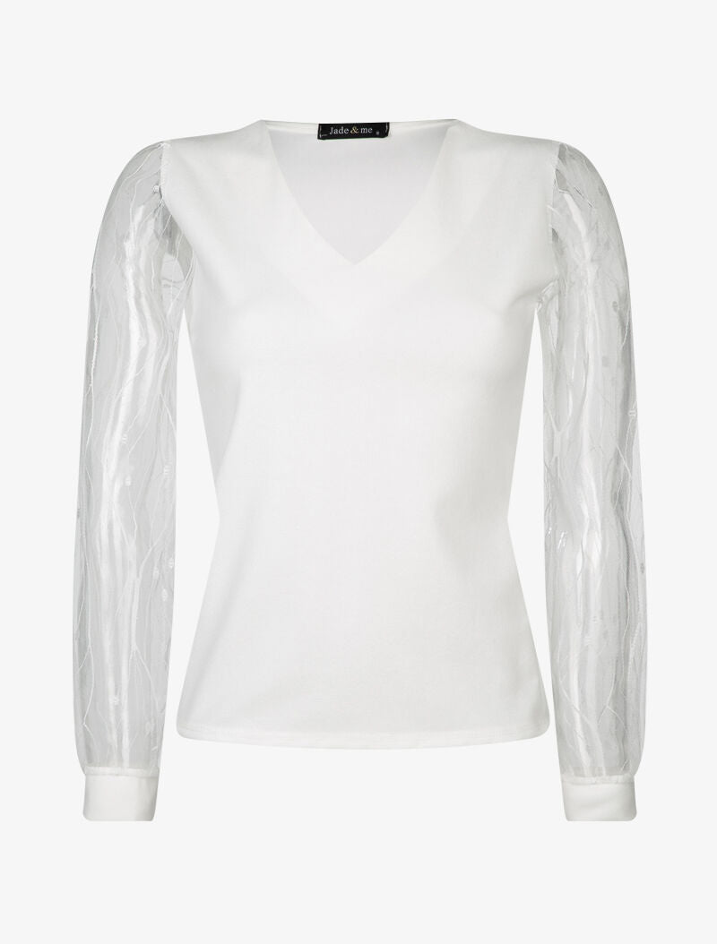 Top uni à manches en tulle - ecru - 3