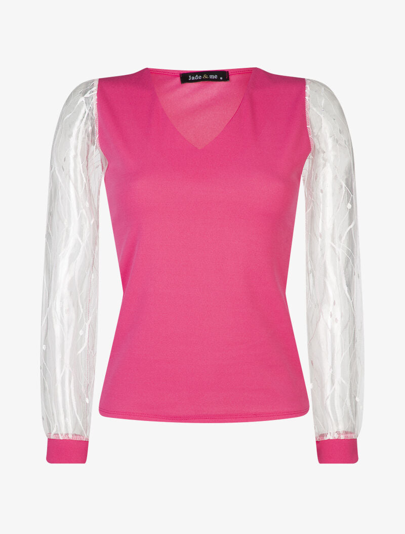 Top uni à manches en tulle - fushia - 1