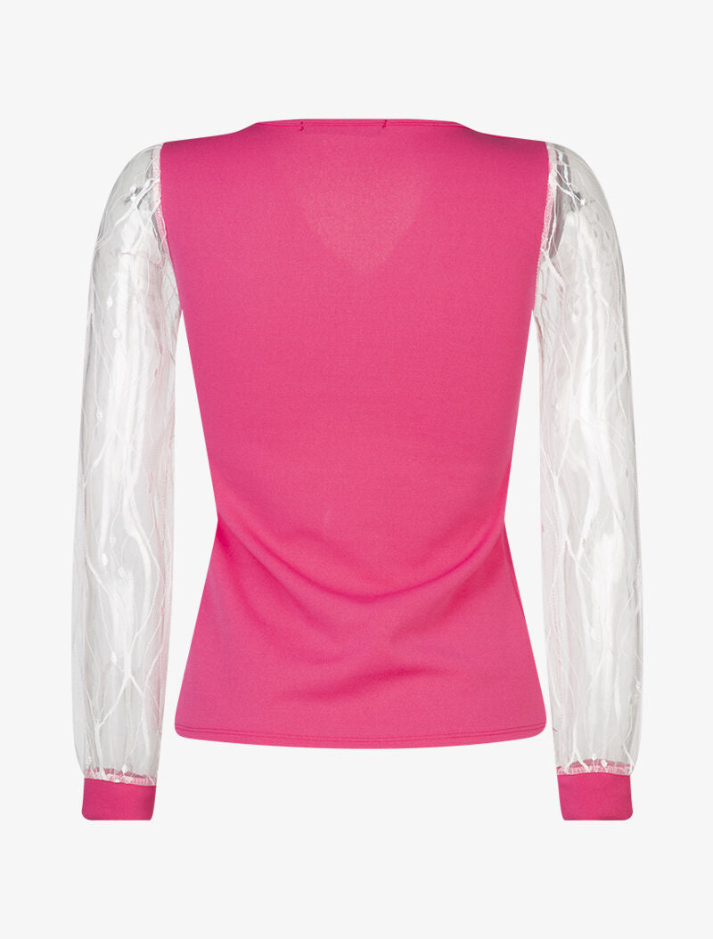 Top uni à manches en tulle - fushia - 2