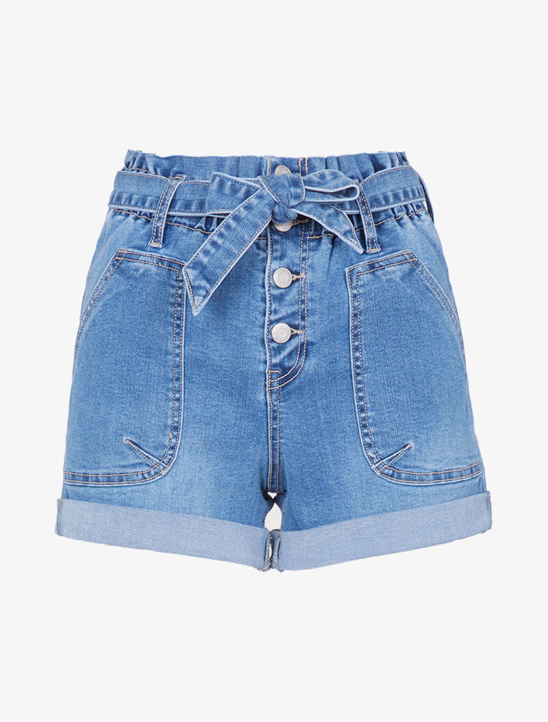 Short à taille empire et poches plaquées - bleu denim - 3