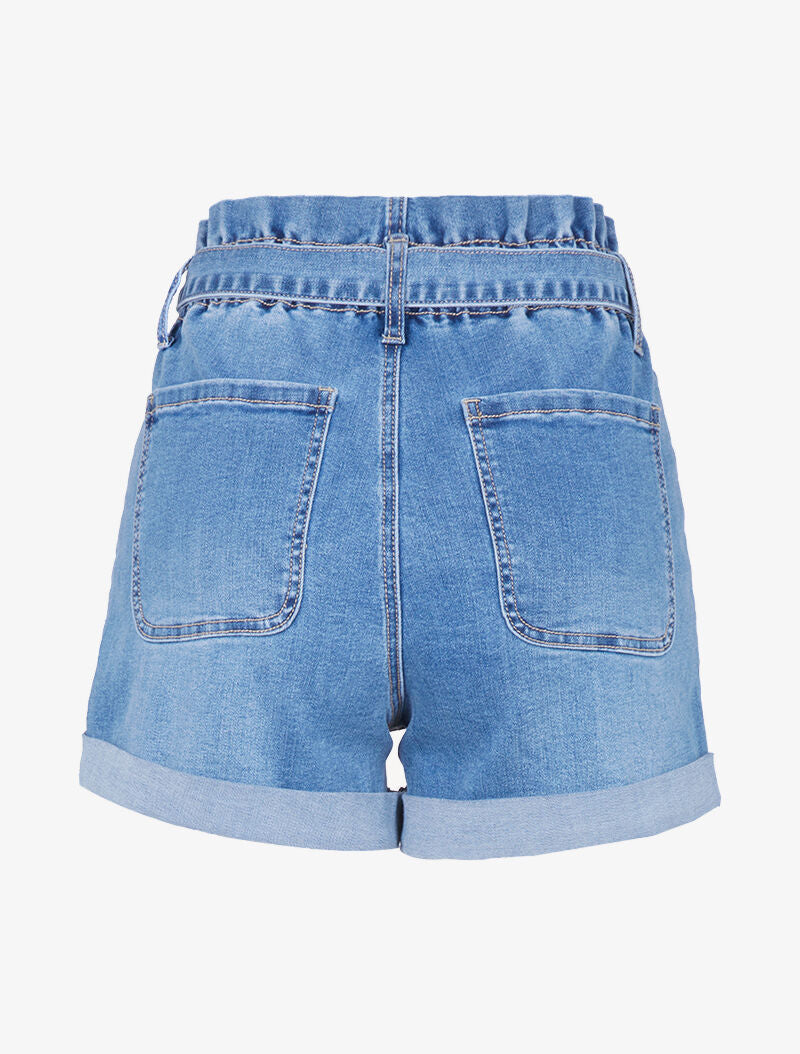 Short à taille empire et poches plaquées - bleu denim - 4