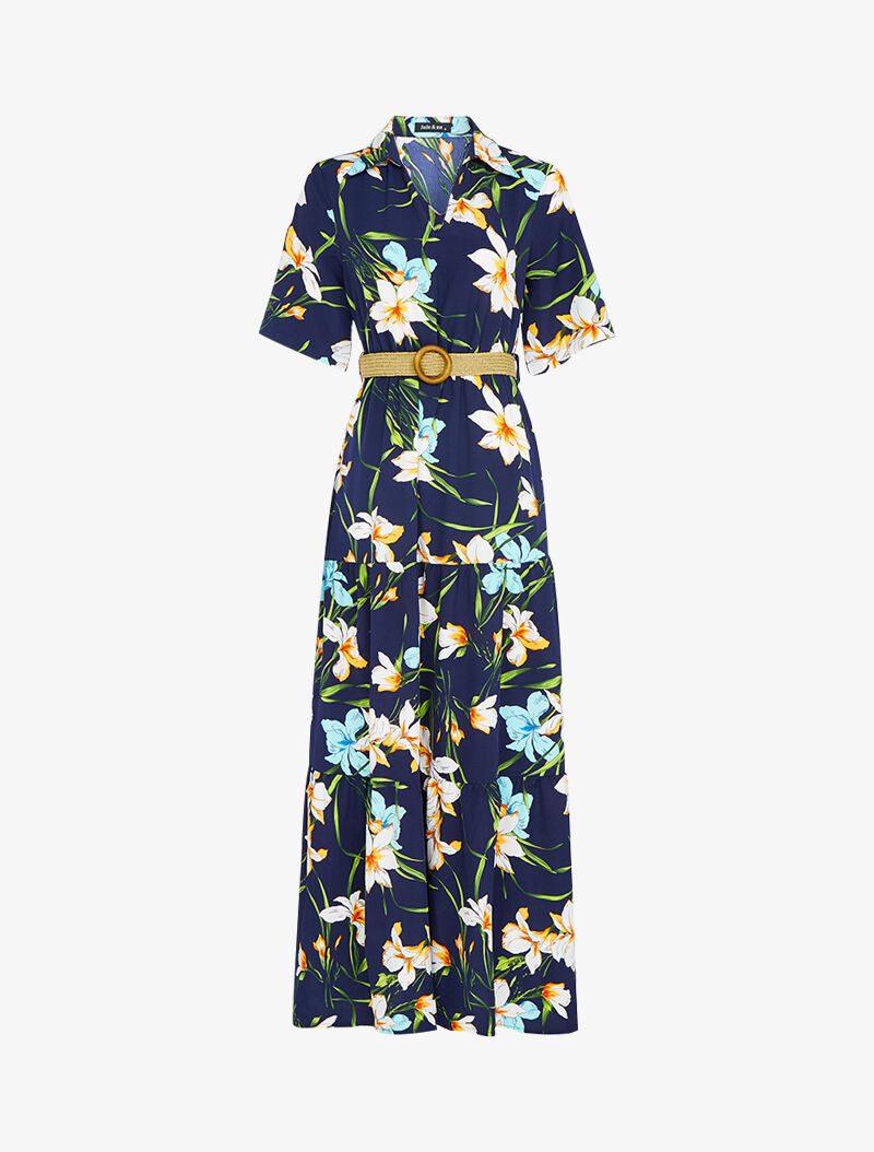 Robe longue à basques imprimé grandes fleurs - marine - 1