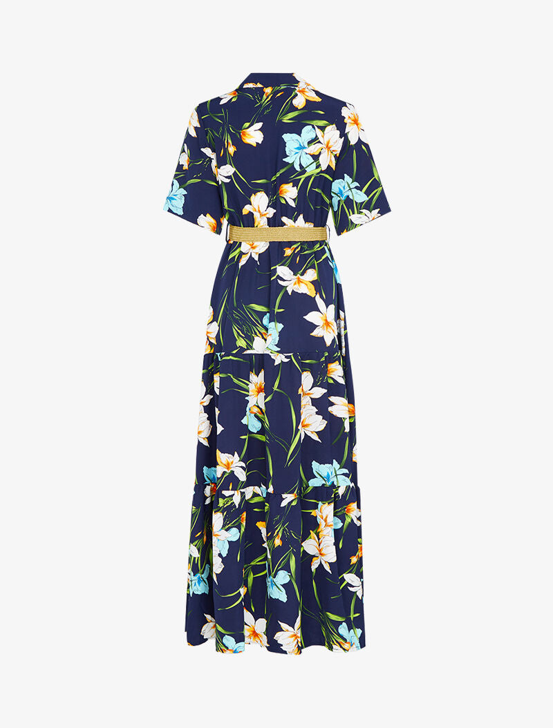 Robe longue à basques imprimé grandes fleurs - marine - 2