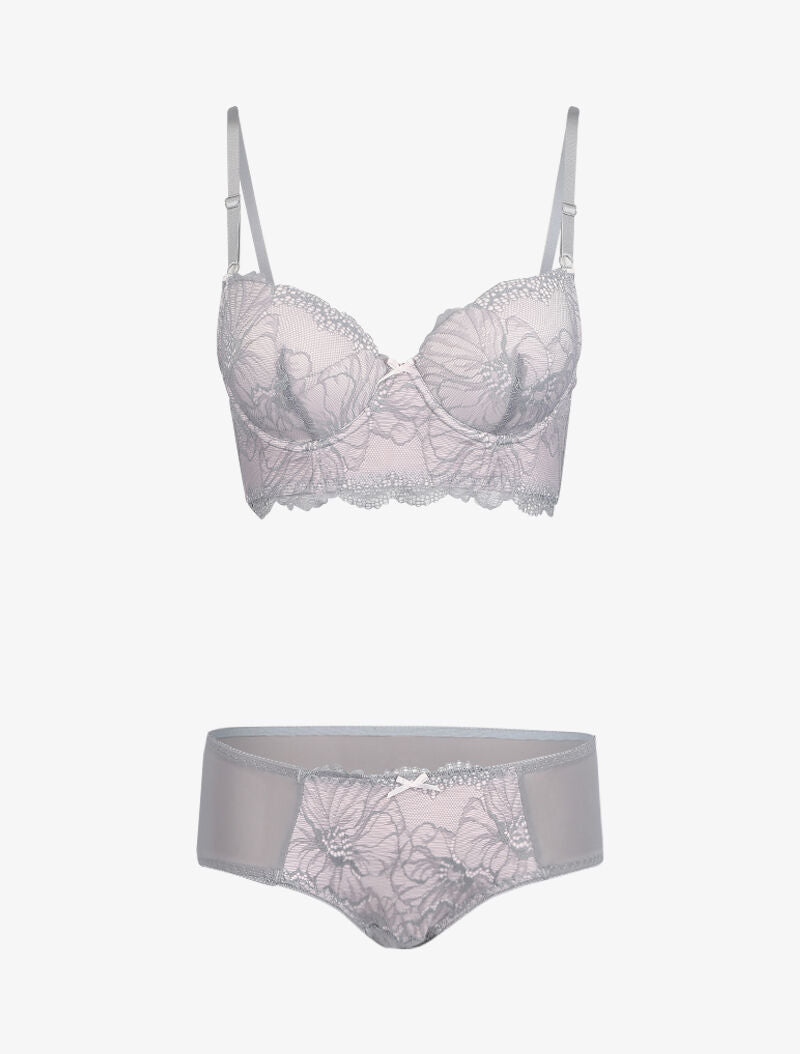 Ensemble bustier en dentelle et résille - Gris foncé - 1