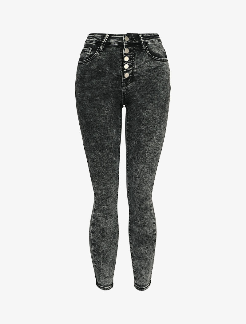 Jeans skinny délavé à fermeture boutonnée - Gris foncé - 1
