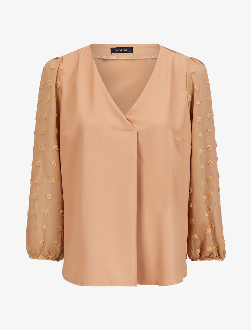 Blouse à manches transparentes style plumetis - Camel - 1