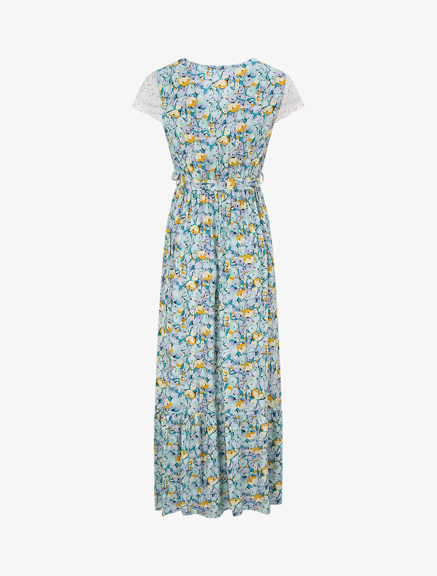 Robe longue empire imprimé tulipe et mancherons crochet - Vert - 2