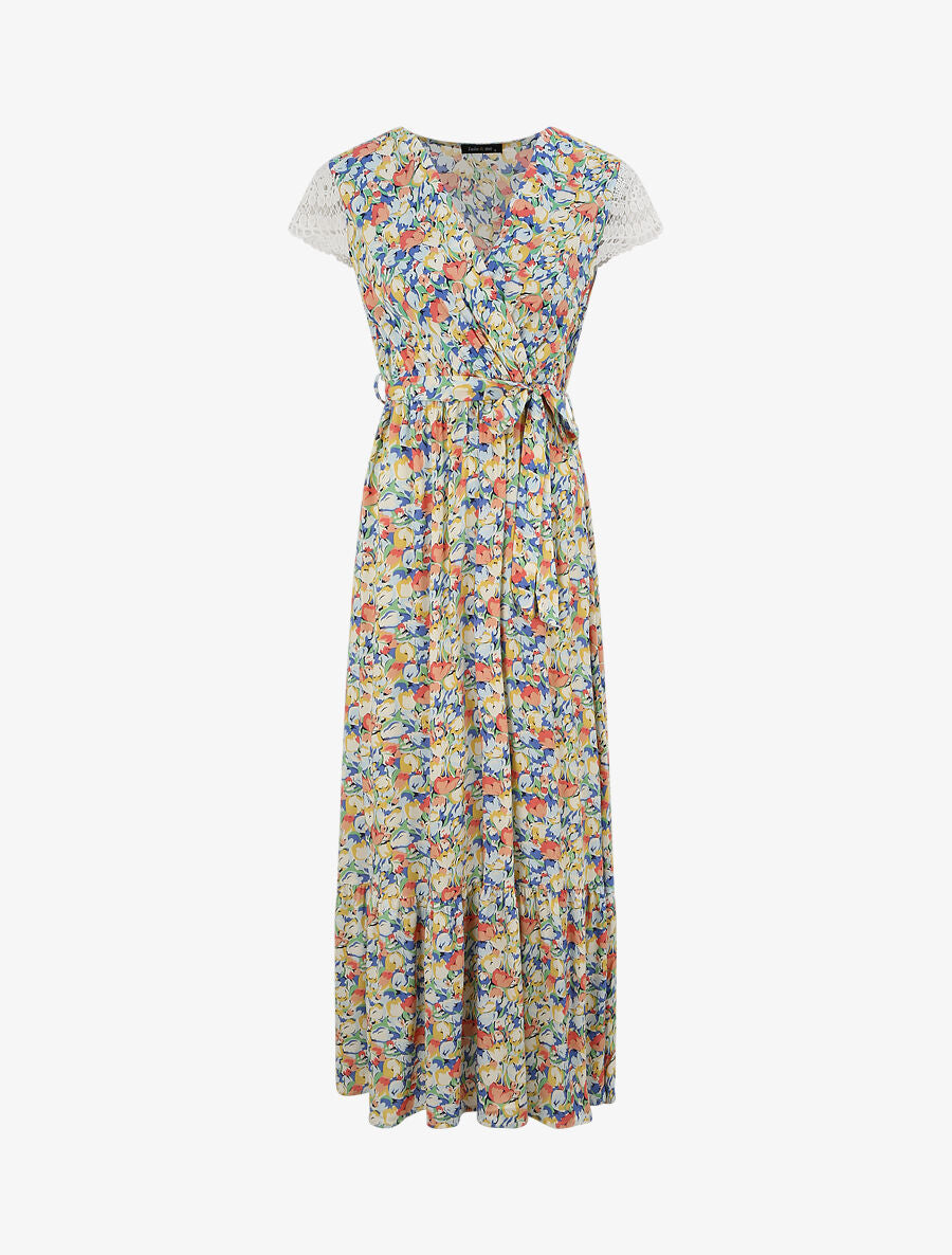 Robe longue empire imprimé tulipe et mancherons crochet - Bleu - 1