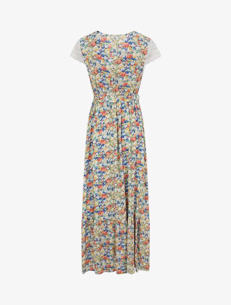 Robe longue empire imprimé tulipe et mancherons crochet - Bleu - 2