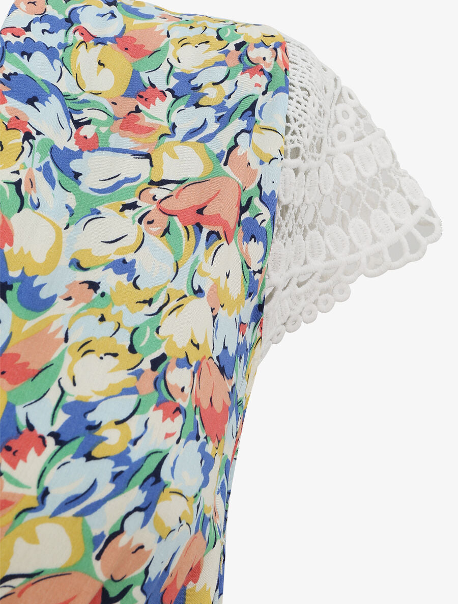 Robe longue empire imprimé tulipe et mancherons crochet - Bleu - 3