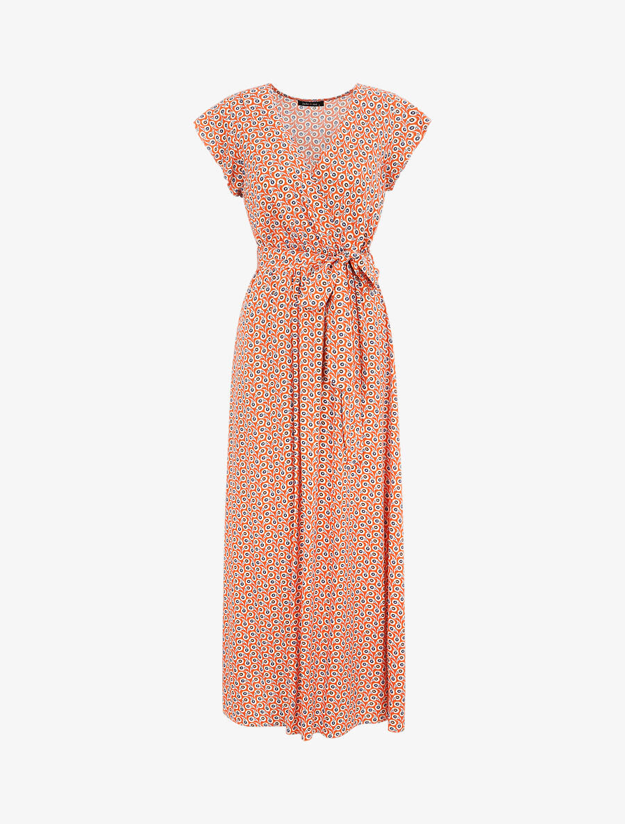 Robe longue empire à épaules volantées imprimé marguerites stylisées - Orange - 4