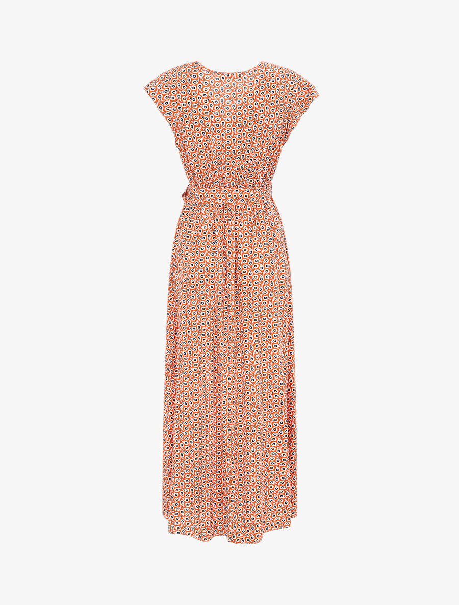 Robe longue empire à épaules volantées imprimé marguerites stylisées - Orange - 2