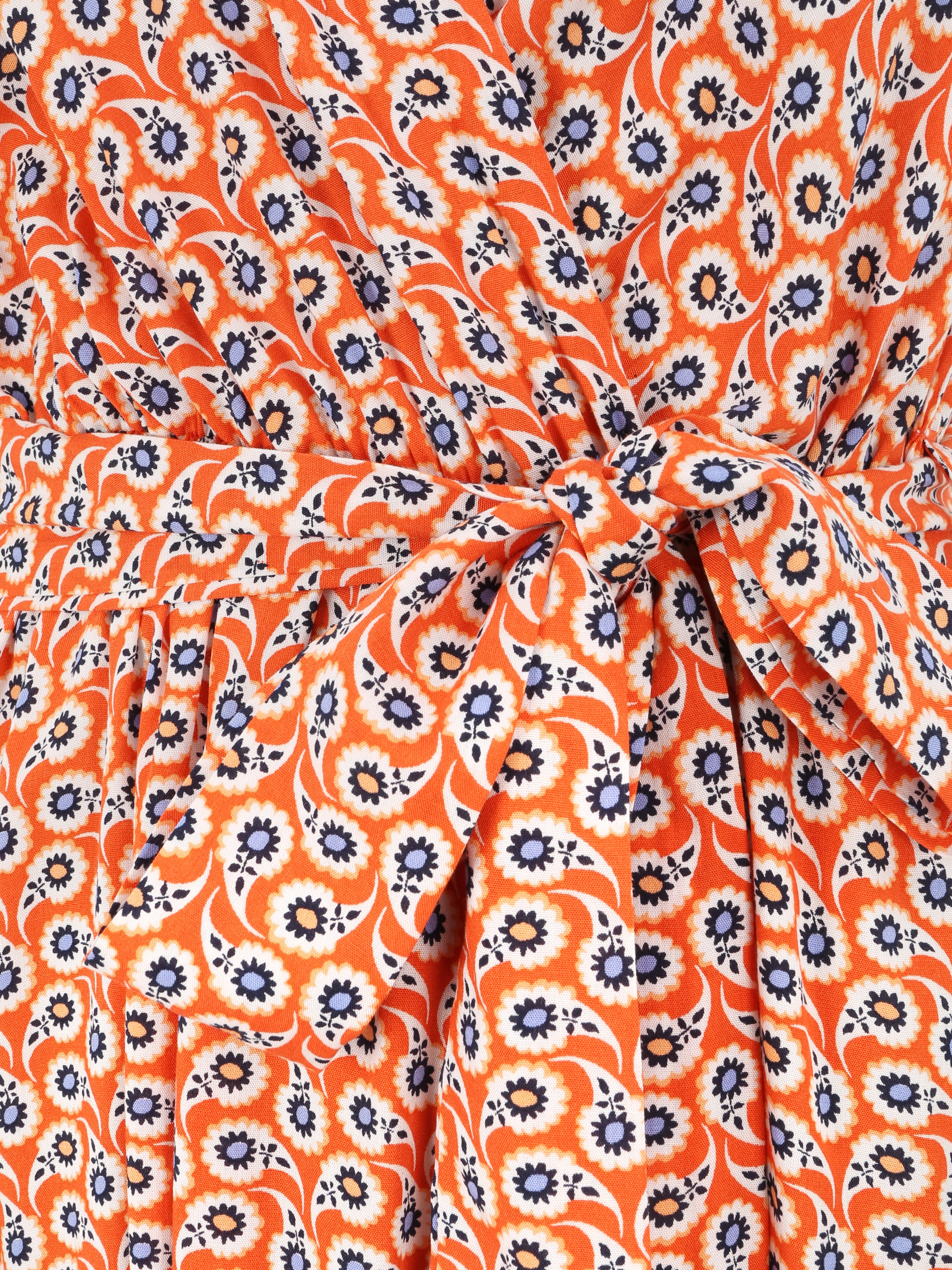 Robe longue empire à épaules volantées imprimé marguerites stylisées - Orange - 3