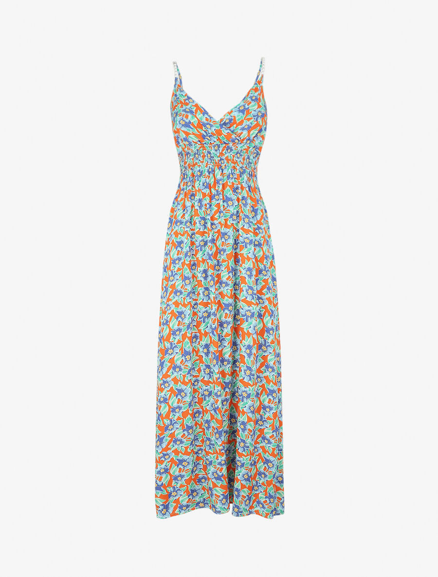 Robe longue empire imprimé fleurs tropicales à bretelles à perles - Orange - 4