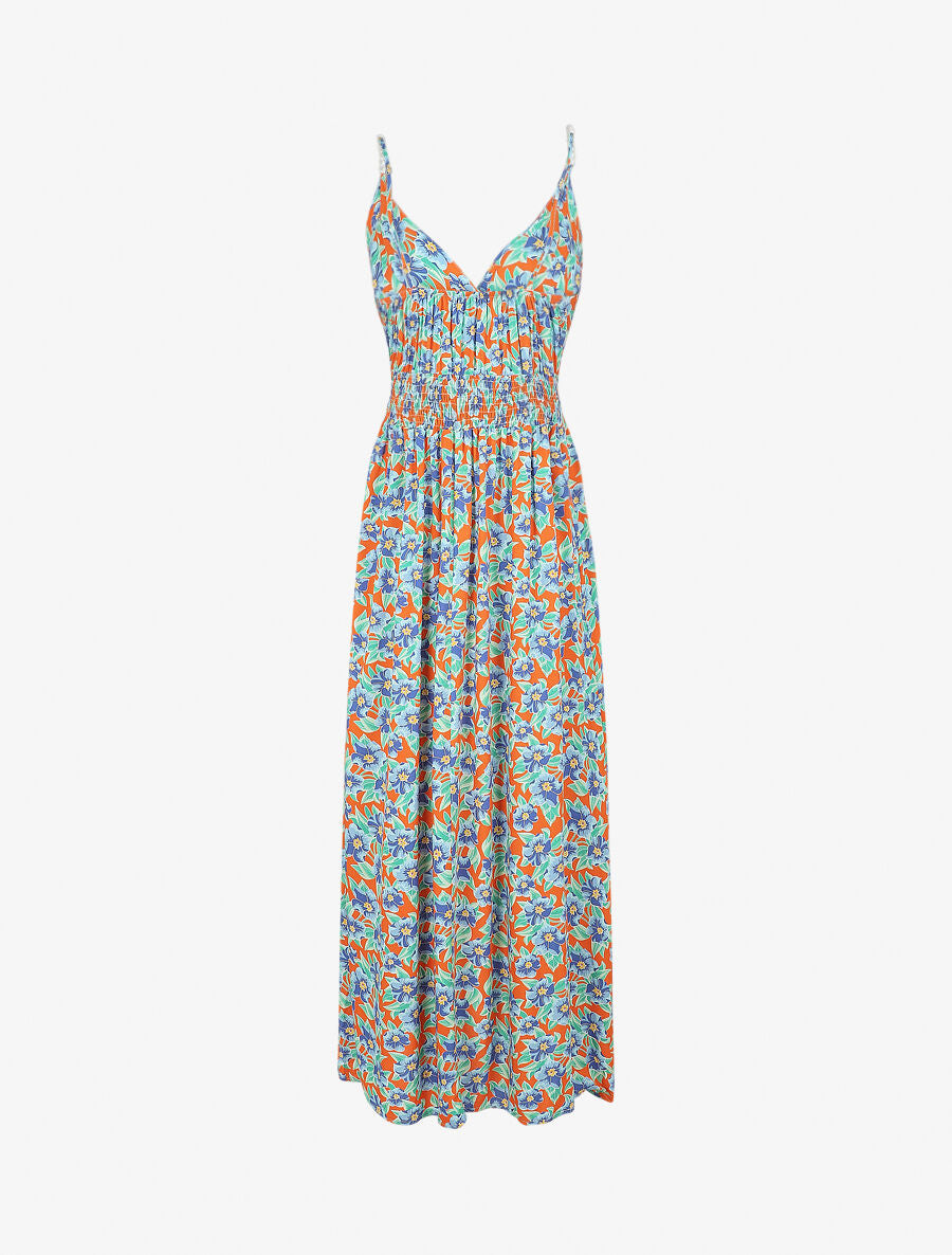 Robe longue empire imprimé fleurs tropicales à bretelles à perles - Orange - 2