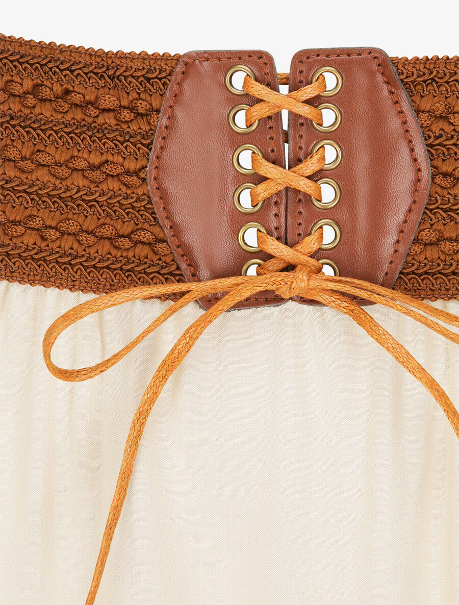 Jupe longue unie à taille haute contrastante - Beige - 3