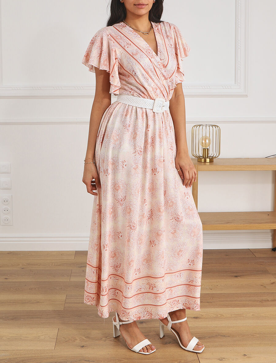 Robe longue élastiquée imprimé floral - Marron - 4
