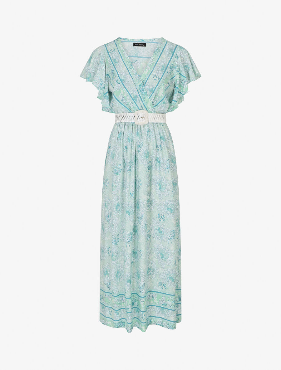 Robe longue élastiquée imprimé floral - Vert - 1