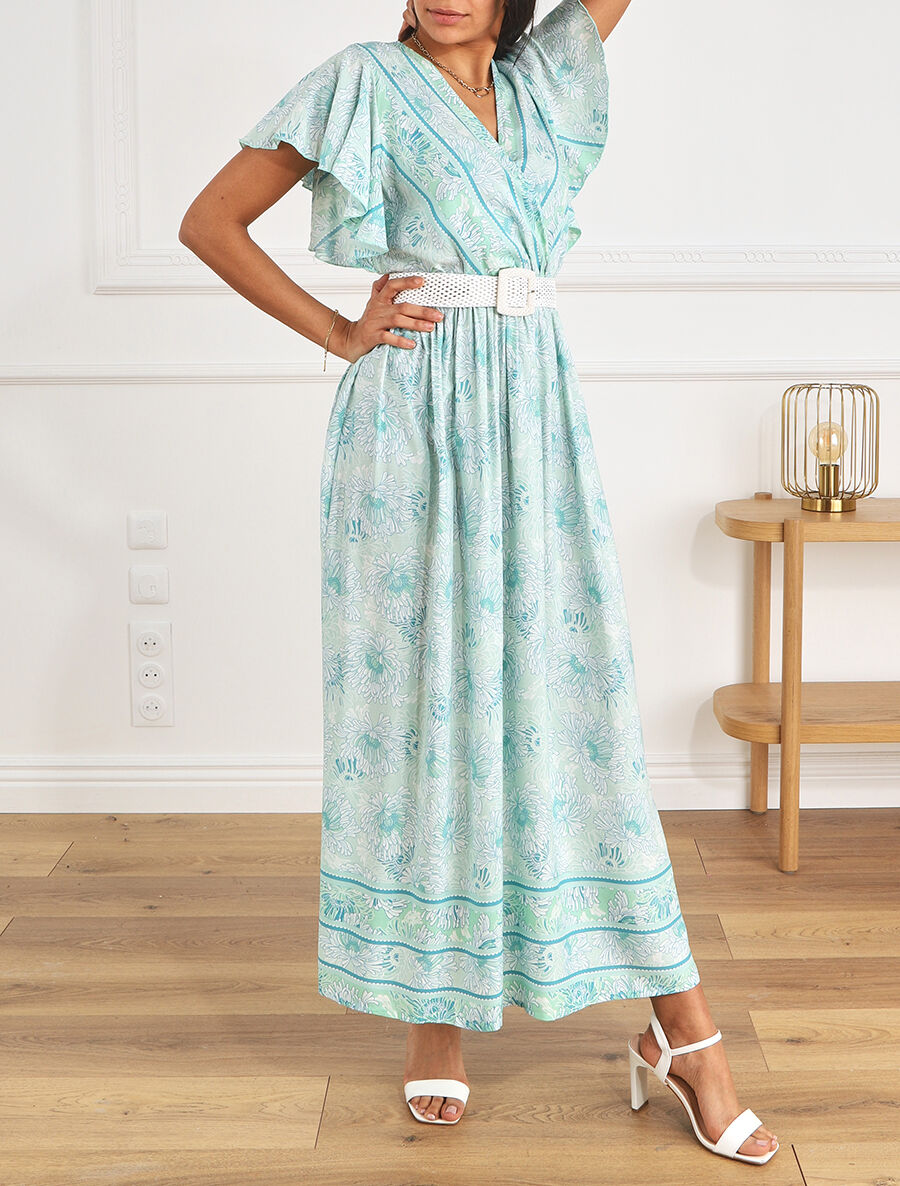 Robe longue élastiquée imprimé floral - Vert - 4