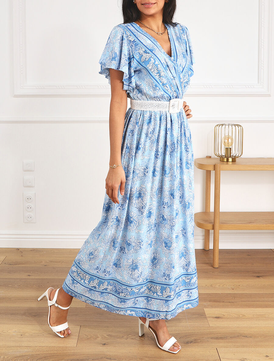 Robe longue élastiquée imprimé floral - Bleu - 4