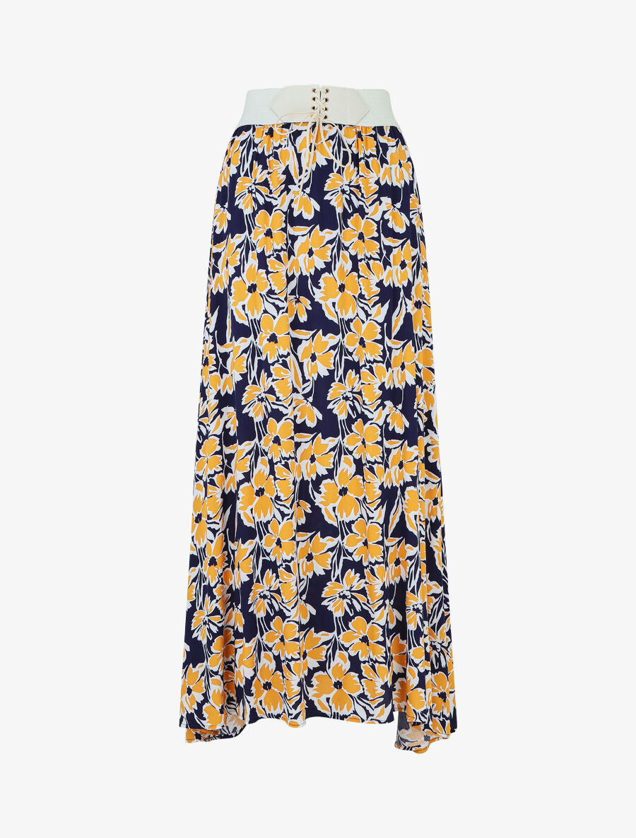 Jupe longue élastiquée à imprimé fleuri - Marine - 4