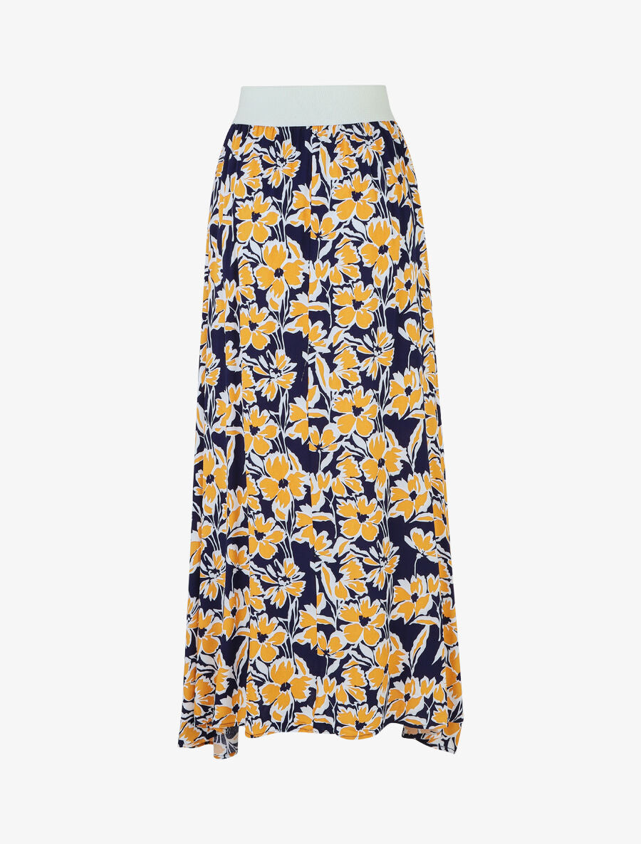 Jupe longue élastiquée à imprimé fleuri - Marine - 2