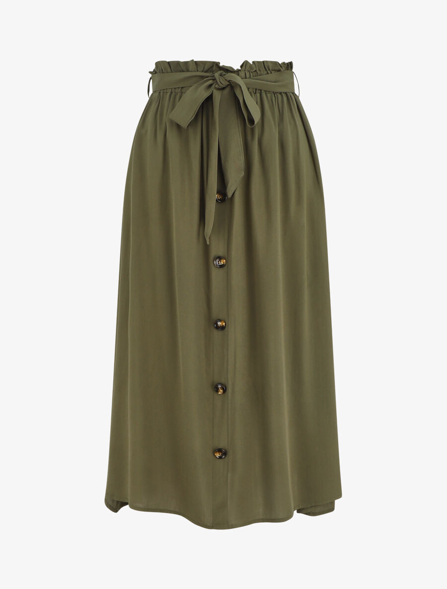 Jupe midi unie évasée à boutons - Kaki - 4