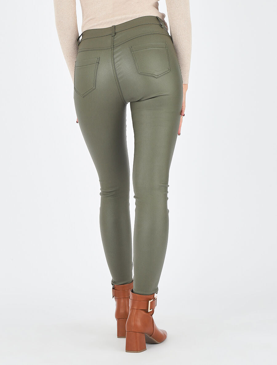 Pantalon slim effet ciré - Kaki - 5