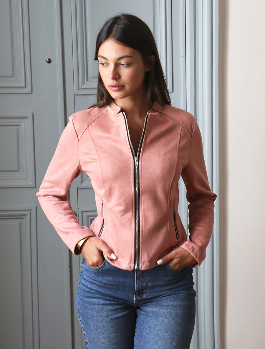 Veste droite en suédine poches zippées - Rose - 4