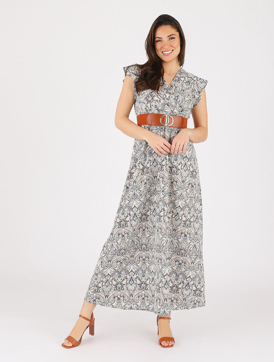 Robe imprimé foulard à manches courtes volantées - Bleu - 4