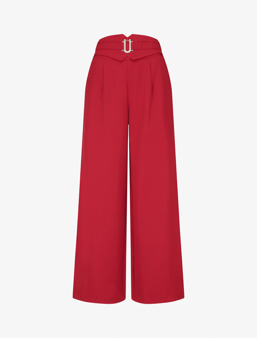 Pantalon ample taille haute à boucle fantaisie - Rouge - 1