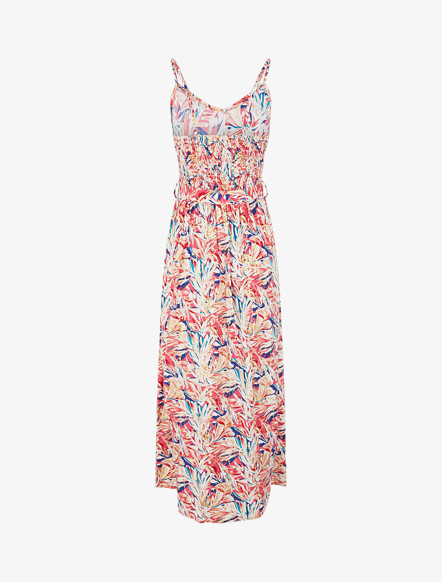 Robe longue évasée à fines bretelles imprimé tropical - Rouge/rose - 3