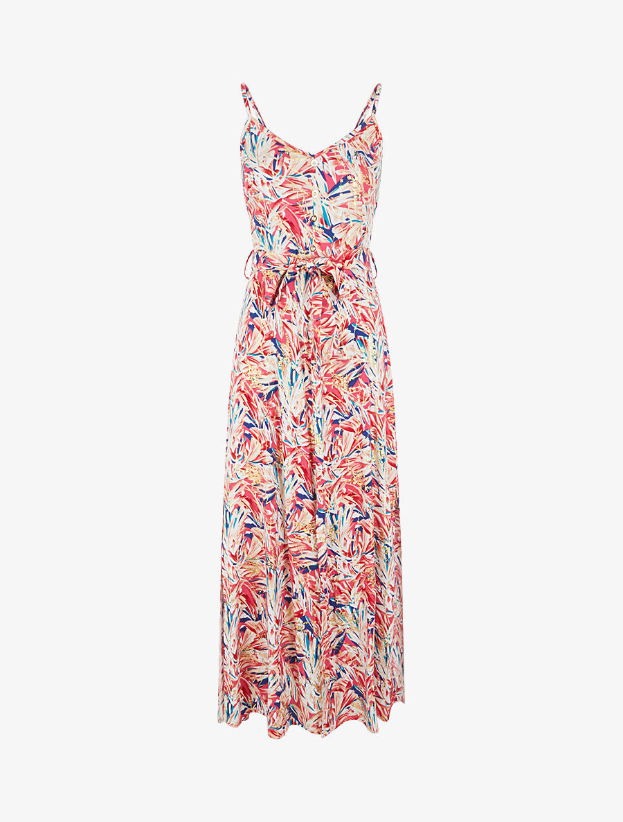Robe longue évasée à fines bretelles imprimé tropical - Rouge/rose - 6